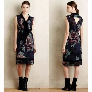 $188 Anthropologie Maeve Brelin Floral Print Cutout Back Tie Neck Dress Large 12